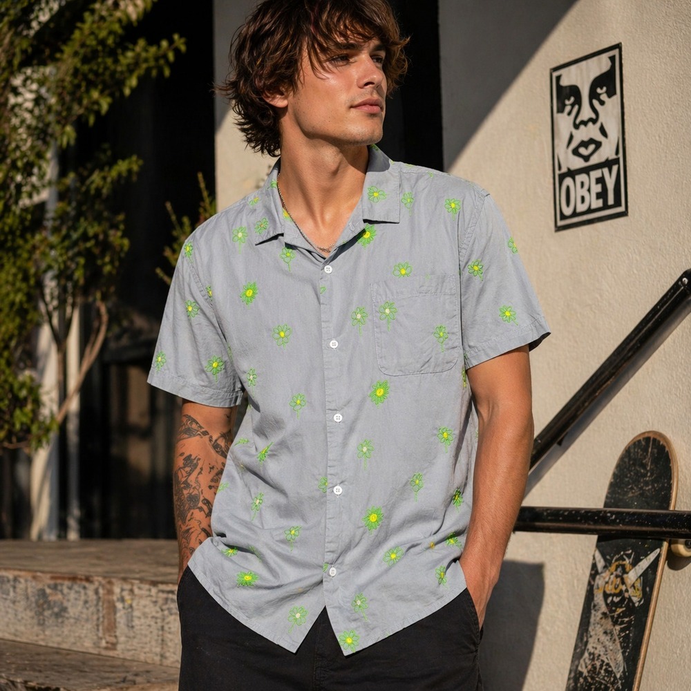 Obey Mens Button Up Shirt Size M Blue Green Flowers Short Sleeve Casual Skate